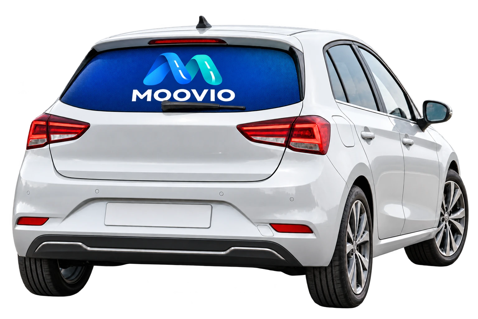 Silver car with rear-window advertising